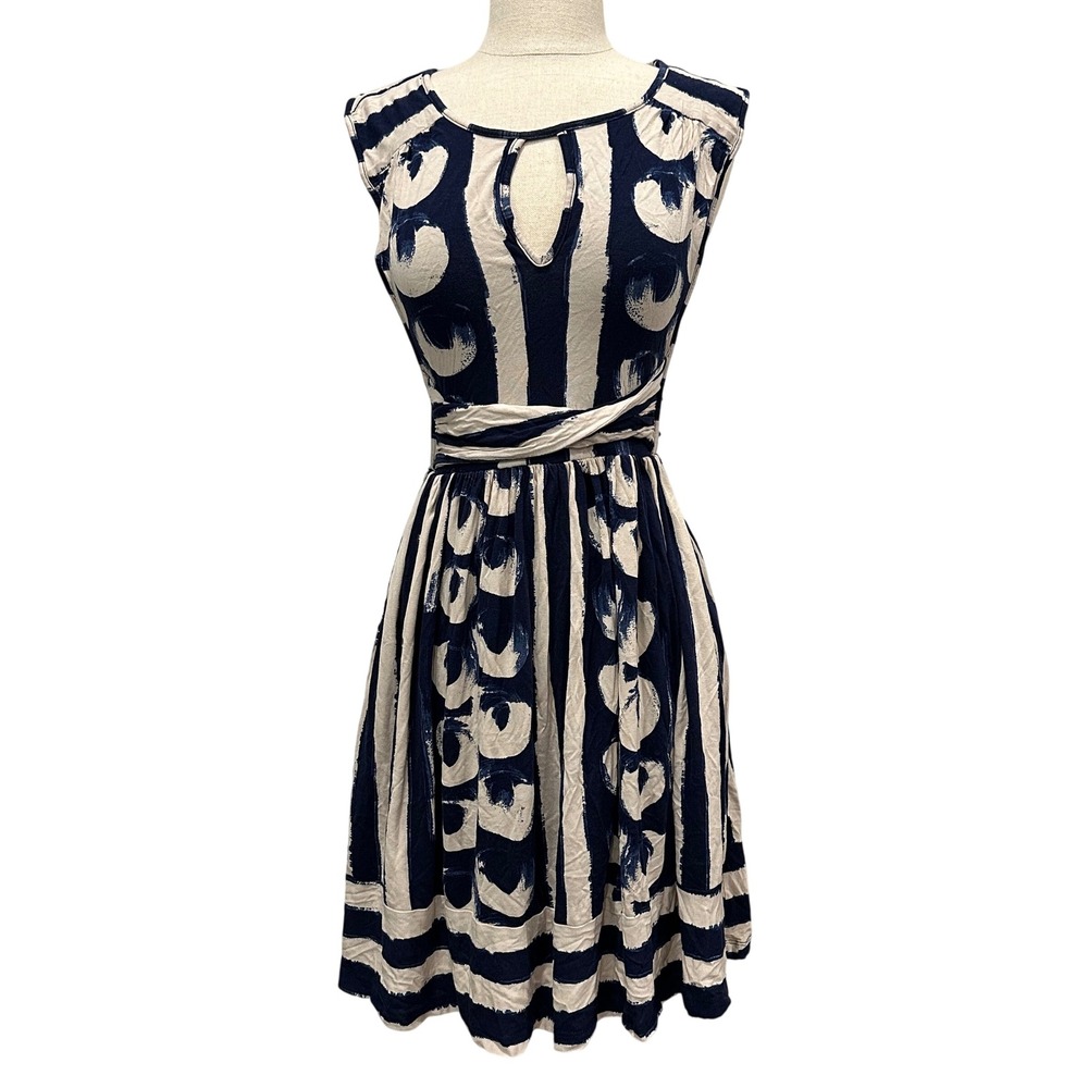 Maeve Anthropologie Navy Blue Cream Abstract Keyhole Fit & Flare Dress Small